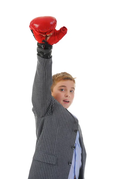 Маленький бізнесмен з боксерськими рукавичками — стокове фото