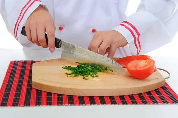 厨师切西红柿 — 图库照片