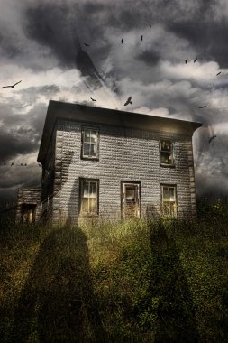 Old abandoned house with flying ghosts clipart