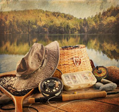 Fly fishing equipment with vintage look clipart