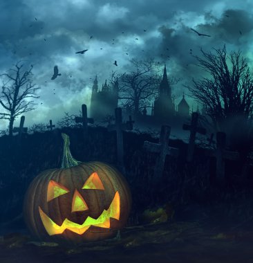 Halloween pumpkin in spooky graveyard clipart