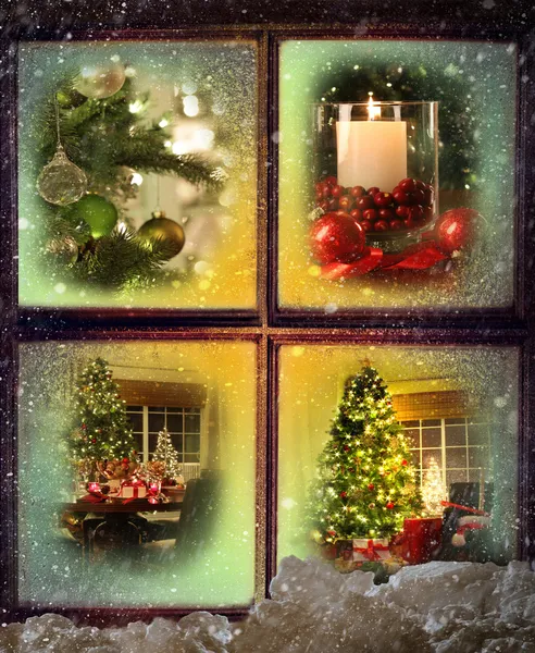 Виньетки рождественских сцен, которые видны через деревянное окно — стоковое фото
