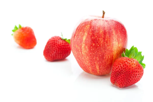 Big juicy red ripe strawberries and apple isolated on white — Stock Photo, Image
