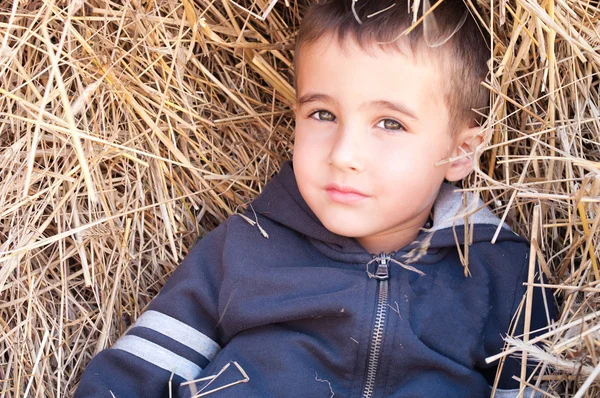 Mały chłopiec w stogu siana — Zdjęcie stockowe