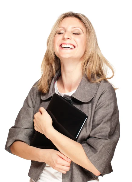 Estudante feliz mulher segurando laptop — Fotografia de Stock