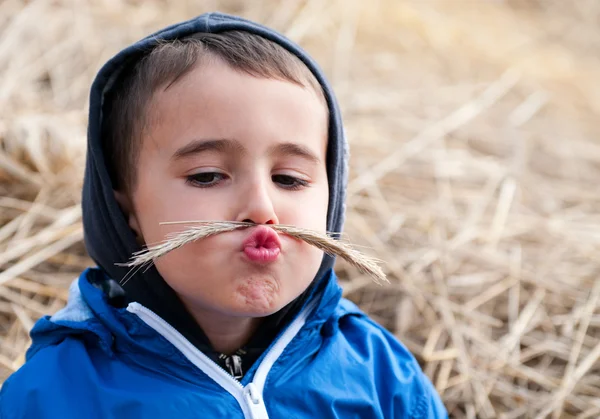 Мальчик в стоге сена с игрушечными усами — стоковое фото