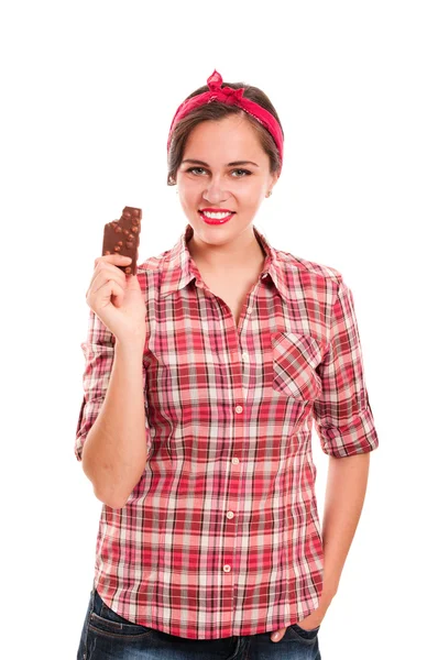Sexy ama de casa en pañuelo con barra de chocolate —  Fotos de Stock