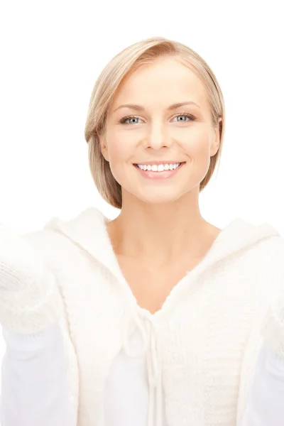 Beautiful woman in white sweater — Stock Photo, Image