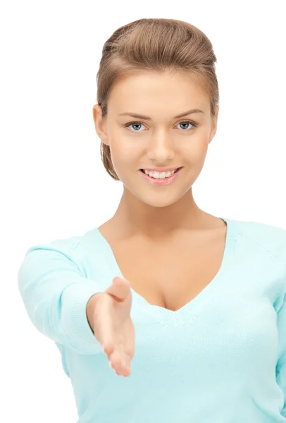 Vrouw met een open hand klaar voor handdruk — Stockfoto