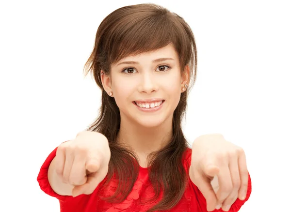Dospívající dívka ukazující prst — Stock fotografie