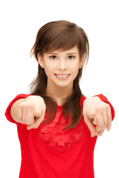 Adolescente menina apontando o dedo — Fotografia de Stock