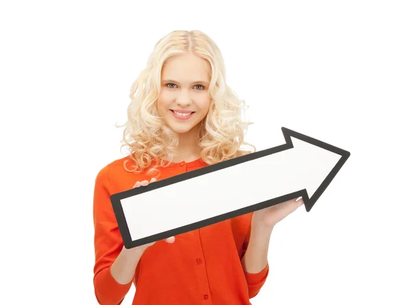 Businesswoman with direction arrow sign — Stock Photo, Image