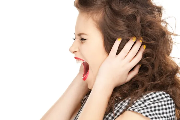 Woman with hands on ears — Stock Photo, Image