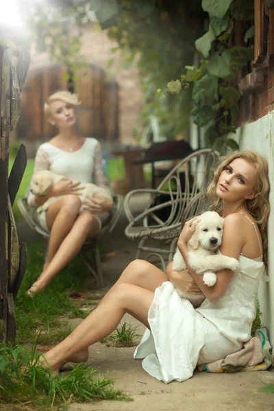 Twee schoonheid dames met leuke puppy — Stockfoto