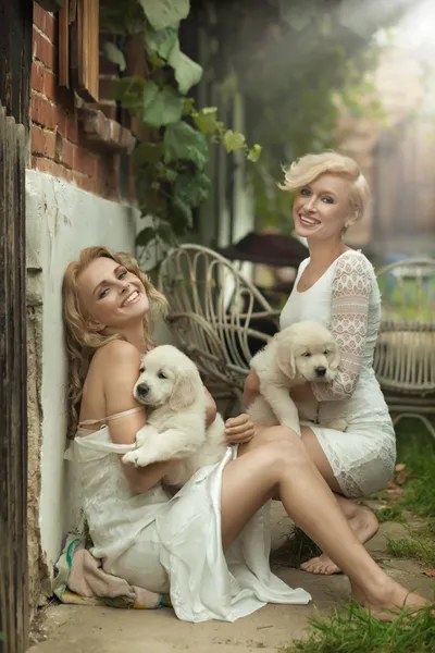 stock image Perfect blonde beauties holding young dogs