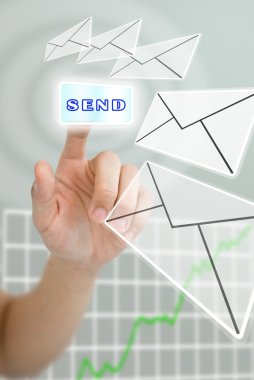 Hand pushing the send button for send the news of stock market clipart