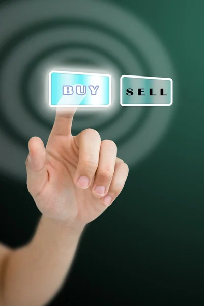 Hand pushing buy button with wave effect background — Stock Photo, Image