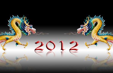 Dragon walking with 2012 year number and black background clipart