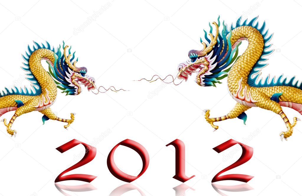 Dragon flying with 2012 year number on glaze white background