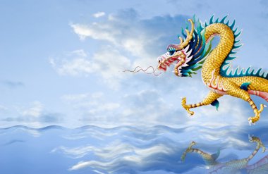 Golden dragon flying over the sea with nice sky background clipart