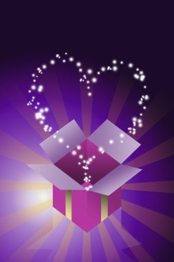 Blessing heart star flying from gift box with purple color background clipart