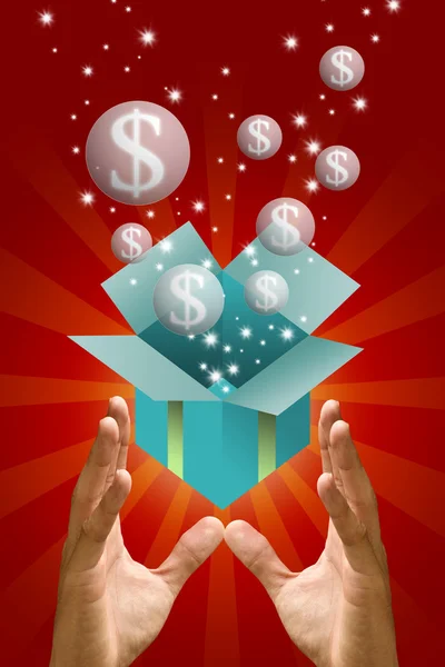 Yeşil hediye kutusunda el dışarı uçan para bubble — Stok fotoğraf