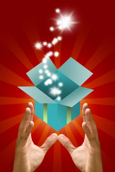 Blessing star flying out from green gift box in the hand — Stock Photo, Image