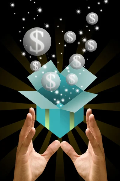 Money bubble flying out from the gift box on the hand — Stock Photo, Image