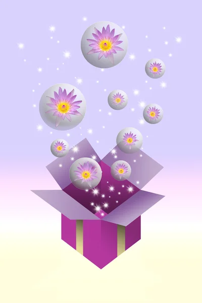 Lotosový květ v bublině a dárkové krabice s podbarvovala — Stock fotografie