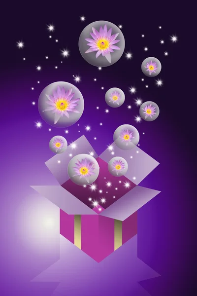 莲花在泡沫从礼品盒紫色背景与飞 — 图库照片