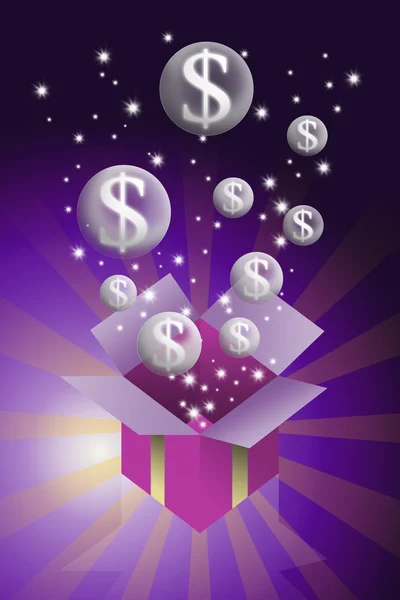 Денежный пузырь летит из коробки подарков с фиолетовым фоном — стоковое фото