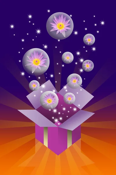 Lotusblume in Blase und Geschenkbox, lustiges Konzept — Stockfoto