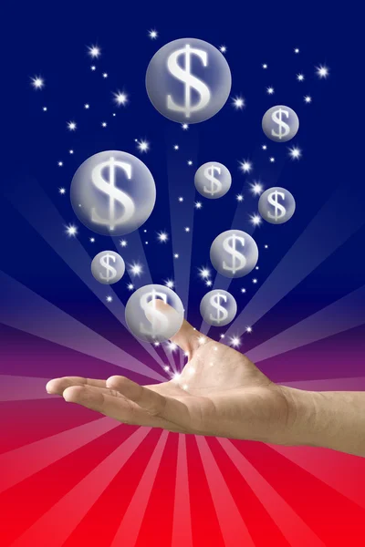 Geldblase fliegt aus der Hand mit rotem und blauem Hintergrund — Stockfoto