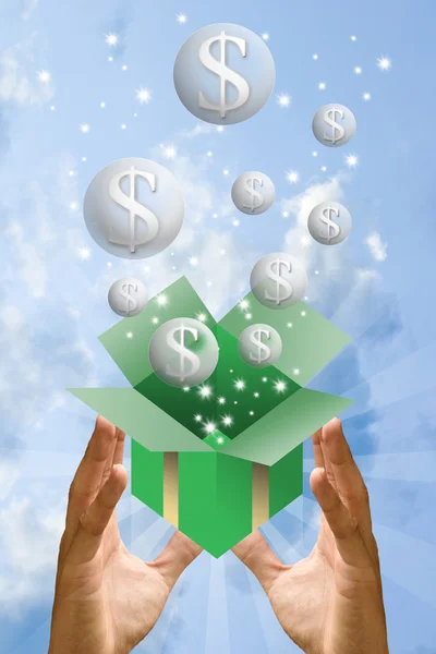 Geldblase fliegt aus Geschenkbox mit blauem Himmel Hintergrund — Stockfoto