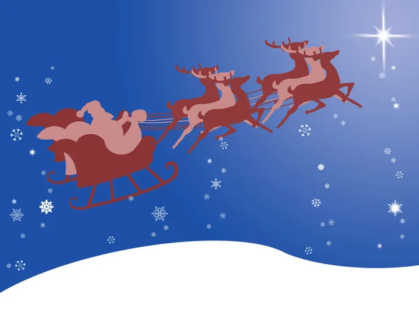 Santa claus in zijn slee met heldere ster en sneeuw — Stockfoto