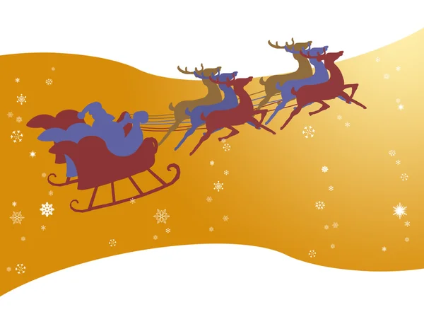 Weihnachtsmann im Schlitten mit Schneeflocke am goldenen Himmel — Stockfoto