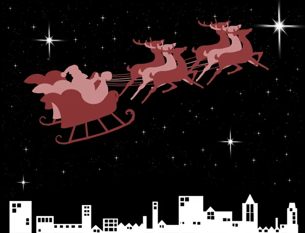 Santa claus v jeho saní nad městem — Stock fotografie