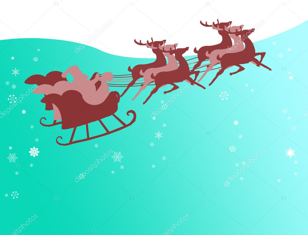 Santa Claus in his sleigh with snow flake in the sky