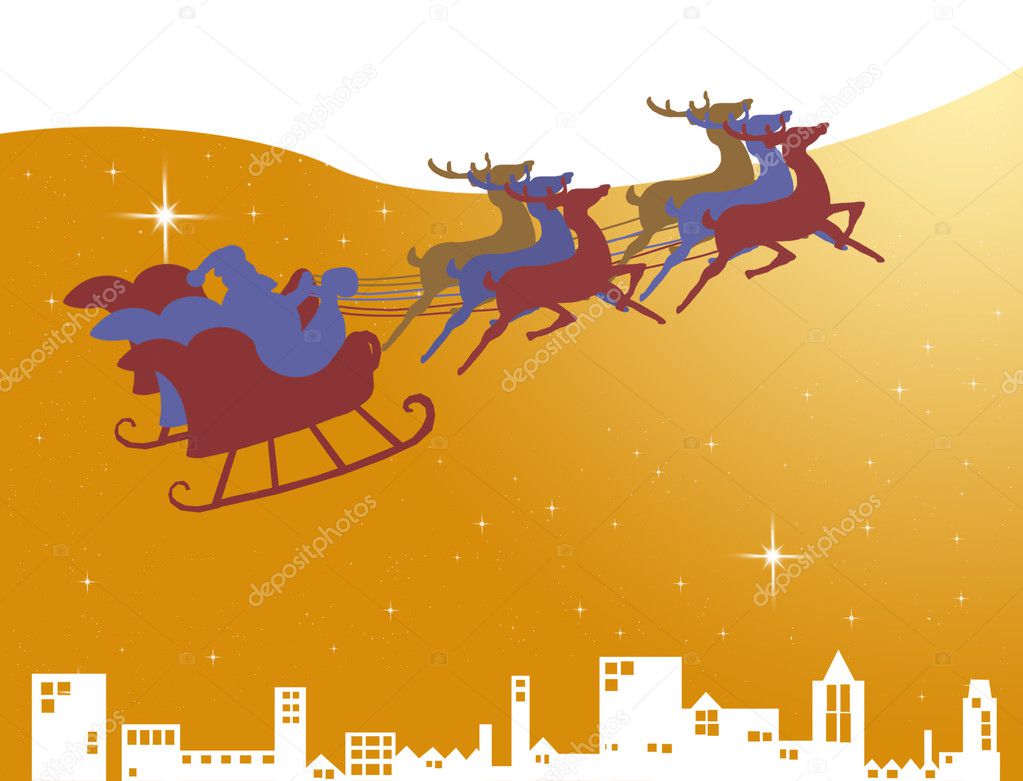 Santa Claus in his sleigh on the golden sky with star