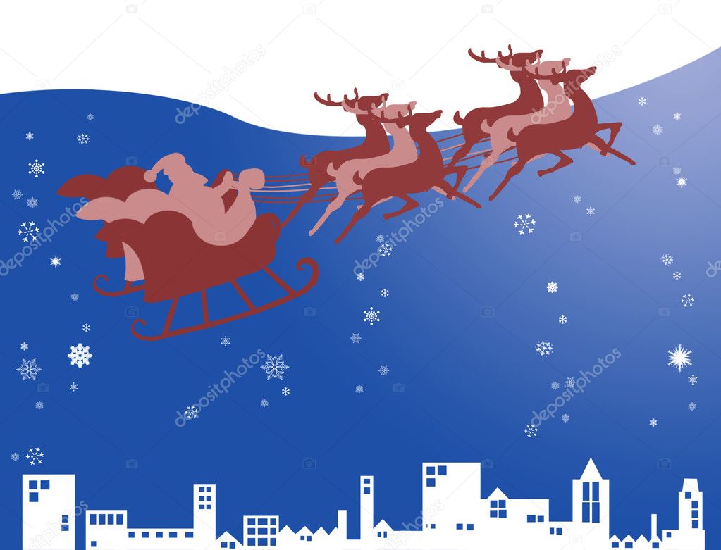 Santa Claus in his sleigh with snow and night sky