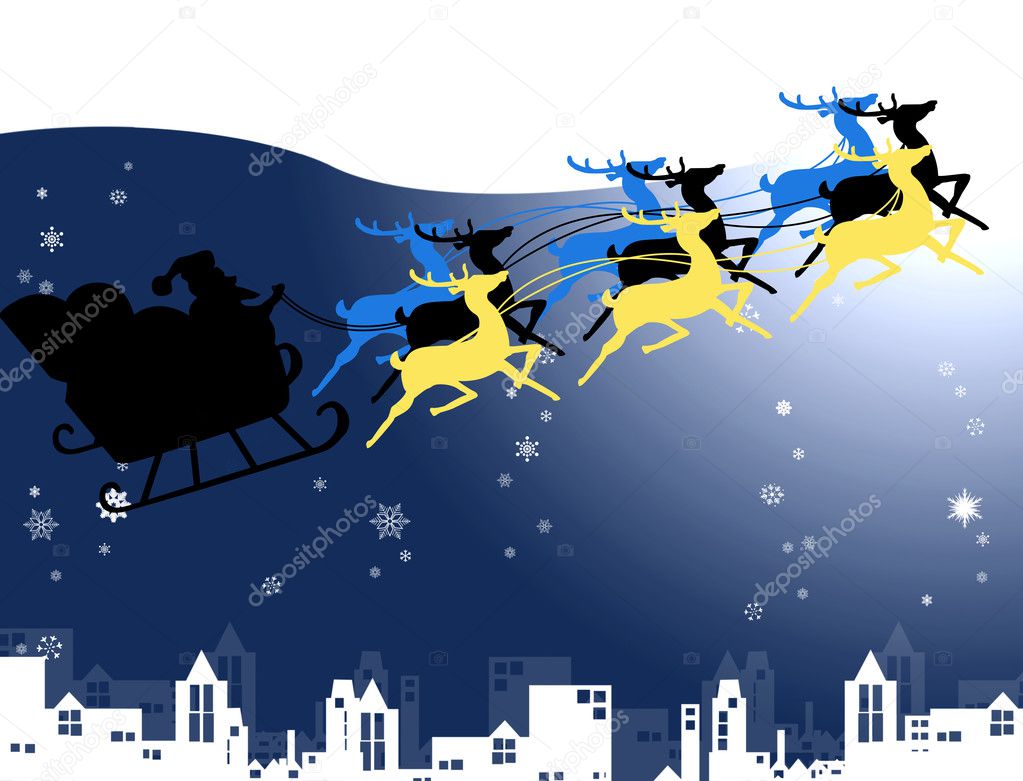 Santa Claus in his sleigh with snow over the city background
