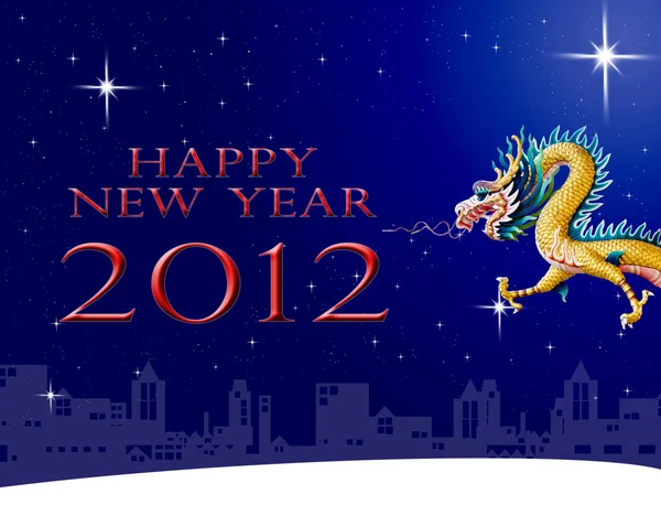 Estatua de dragón con fondo de ciudad y estrella para tarjeta de felicitación — Foto de Stock