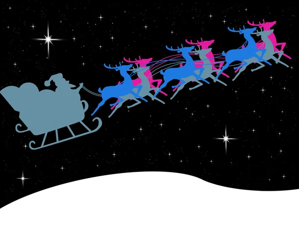 Άγιος Βασίλης στο έλκηθρο του με φωτεινό αστέρι στον ουρανό τα μεσάνυχτα — Φωτογραφία Αρχείου