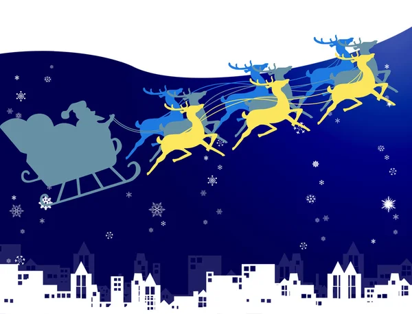 Santa Claus en su trineo con nieve y cielo nocturno sobre el fondo de la ciudad —  Fotos de Stock