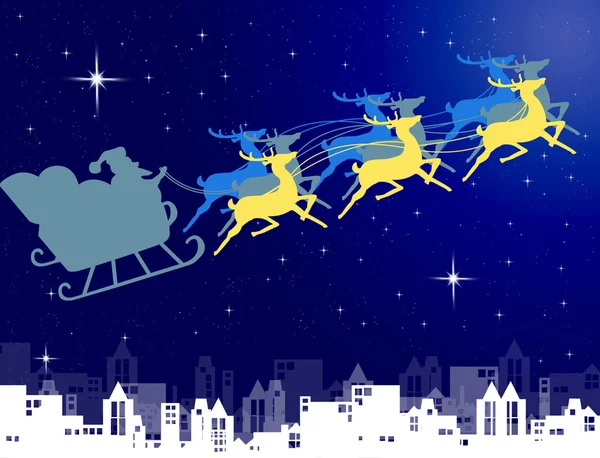 Santa claus in zijn slee met nachtelijke hemel over de stad-achtergrond — Stockfoto