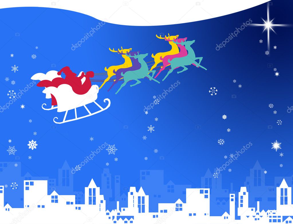 Sata claus with his sleigh run on snow sky and the shiny star