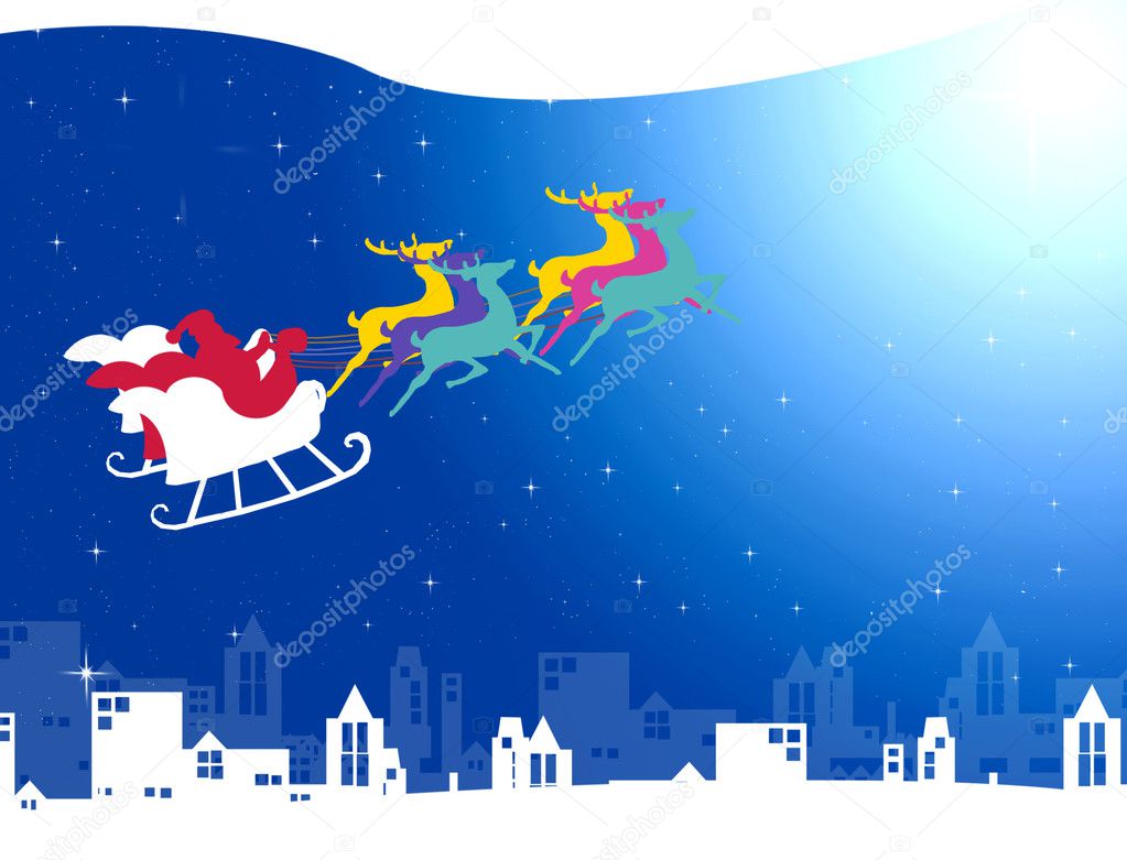 Santa claus with his sleigh over the city