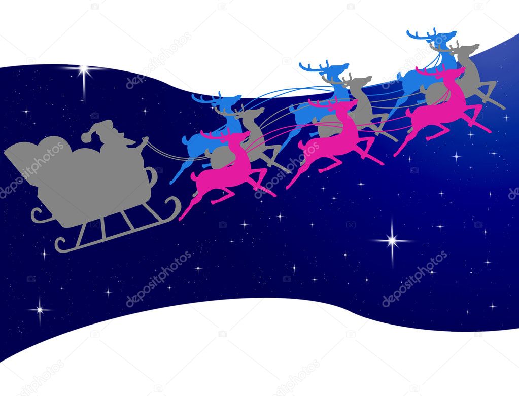 Santa with his reindeer run on night sky