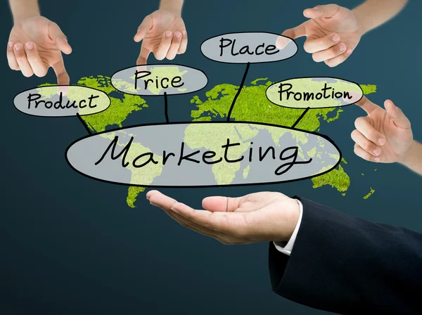 Biznesmen z ręki Pokaż marketingu wykres — Zdjęcie stockowe
