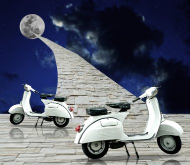 Beyaz retro scooter ile aya taş yol